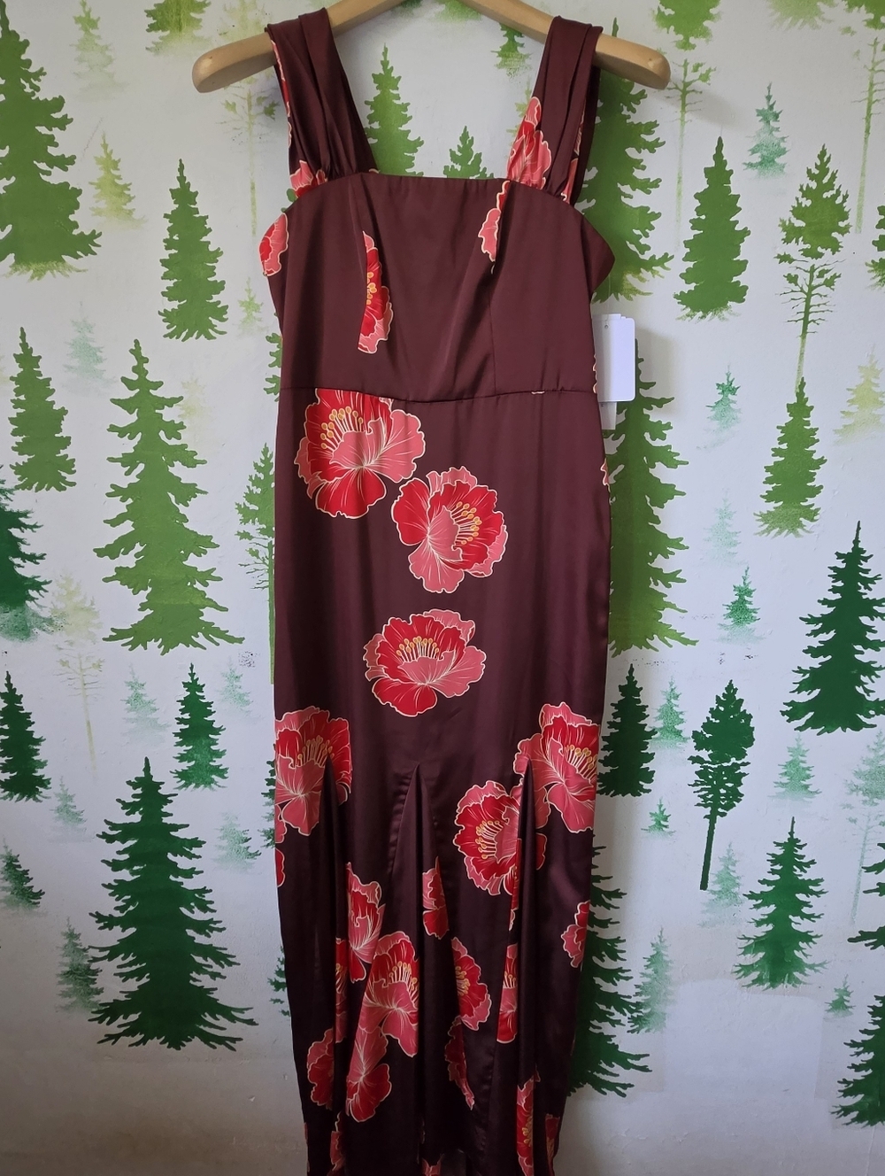 Nicole Miller Brown Maxi Dress with Pink-Red Floral Print